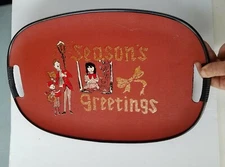 Mid Century Modern Seasons Greetings Holiday Serving Tray Red/Gold 