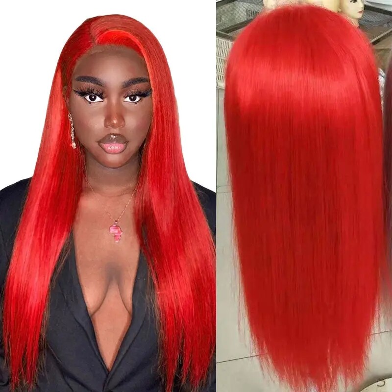 Red Long Straight Wig Synthetic Lace Front Wigs Long  display picture 3