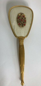 Vintage-Art-Deco-vanity-brush-mirror-comb-set-with-Red-flower-design-made-USA