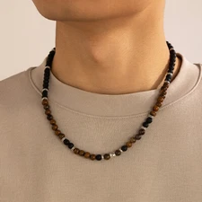 Charm Natural Tiger Eyes Map stone Lava Bead Choker Necklace for Men Women