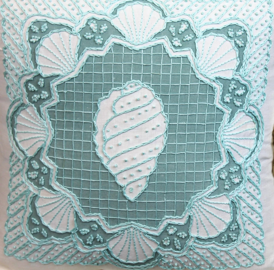 Hand Embroidered Throw Pillow Conch Shell Seashells 16” Turquoise Coastal Beach - Image 2 of 4