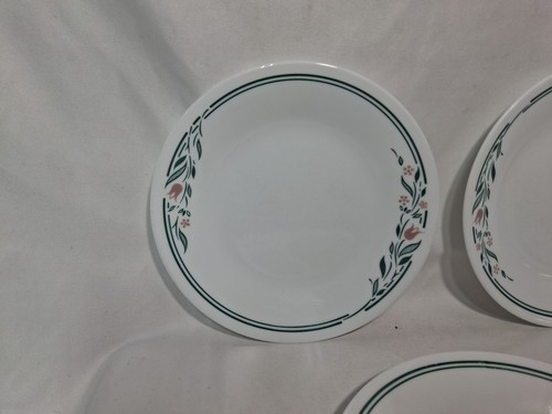 Vtg Corelle Bread Dessert Plates, Rosemarie, Green Trim, Set of 3, 6.75" - Picture 2 of 6