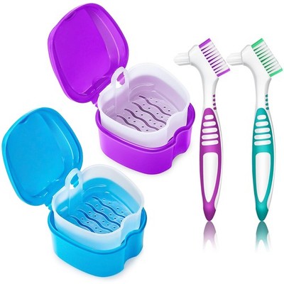 2 Pack Denture Cup Denture Bath Holder Case with Strainer Basket, Dental Reta...