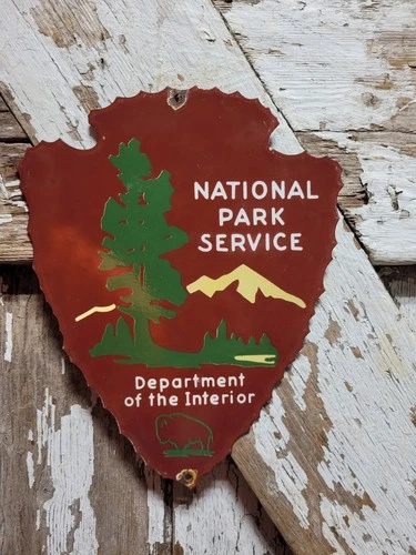 VINTAGE NATIONAL PARK PORCELAIN SIGN OLD DEPARTMENT OF INTERIOR ARROWHEAD FOREST