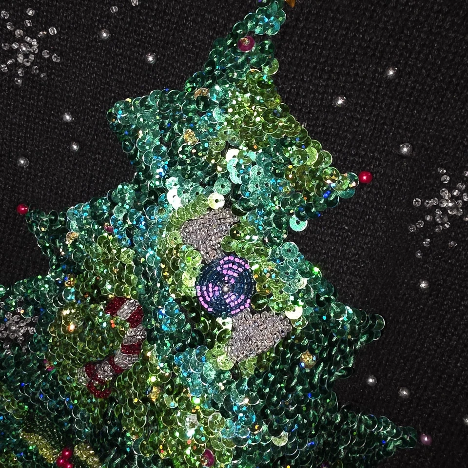 QUACKER FACTORY Sz 2X Vintage Black Sequin Beaded Christmas Tree Tunic Sweater - Image 4 of 4