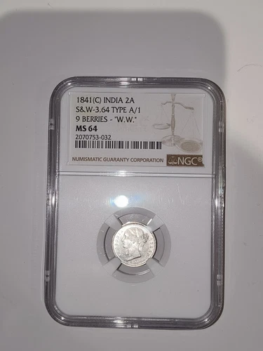 India 1841 (C) East India Company 2 Annas 9 Berries "W.W." NGC MS64