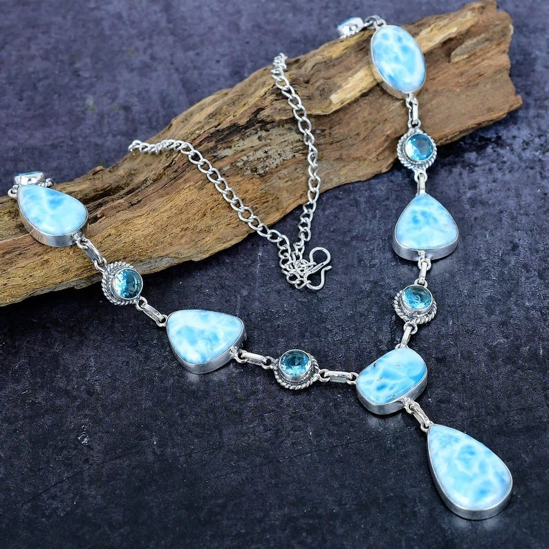 Blue Larimar Gemstone Necklace 925 Sterling Silver Handmade Adjustable Jewelry - Image 2 of 4