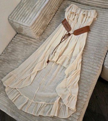 Annabelle ivory Cotton Ruffle Maxi Skirt Boho Smocked Tiered Hi-Low Size M