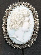 Vintage Victorian Revival Cameo Silver Frame Brooch White Glass Mid Century 