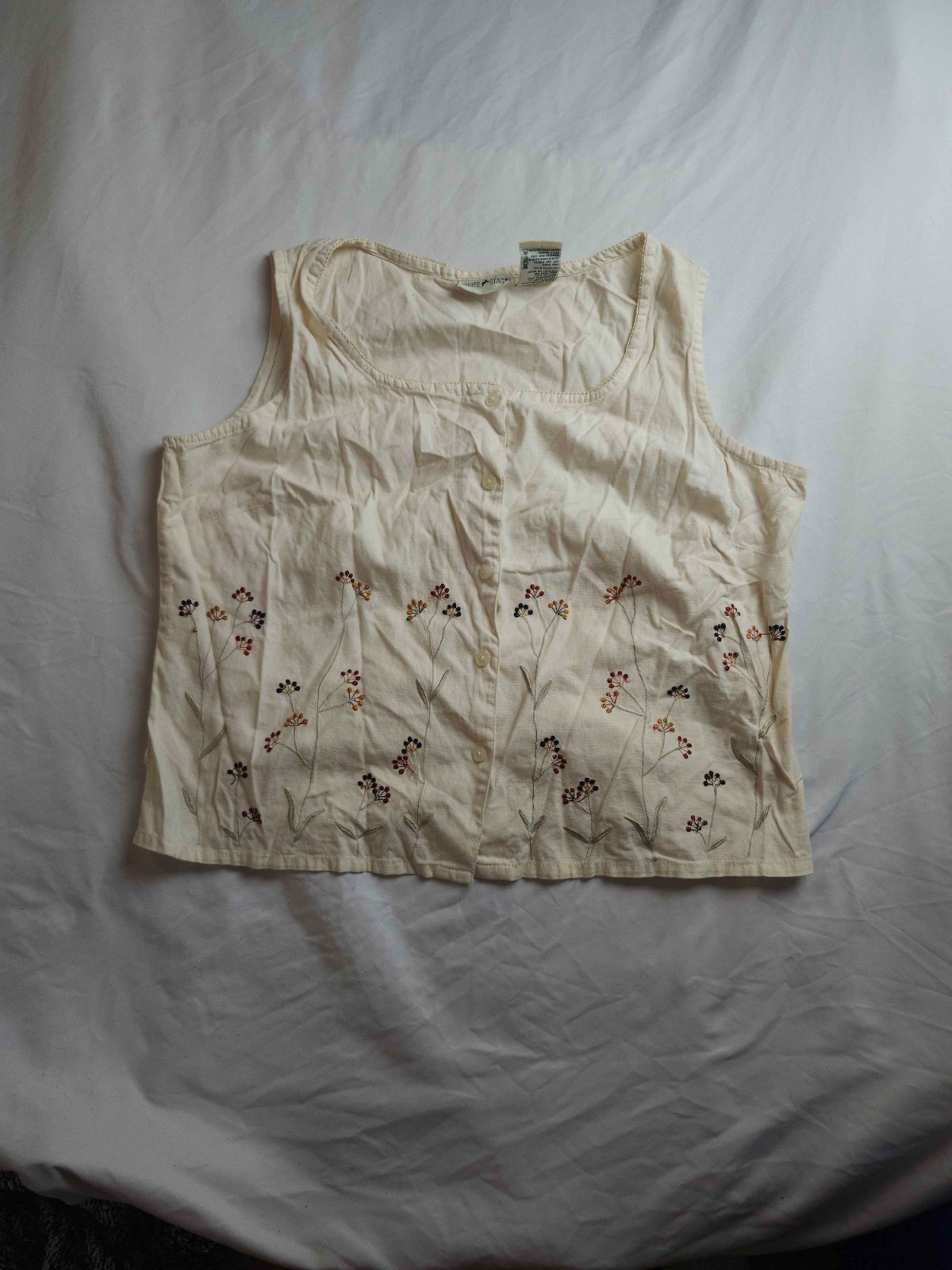 White Stag Tank Top Womens Large 12/14 Ivory Embroidered Floral Linen Blend