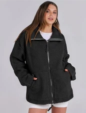 ANRABESS Womens Fleece Jacket Oversized Zip Up Sherpa Fuzzy Casual Size S