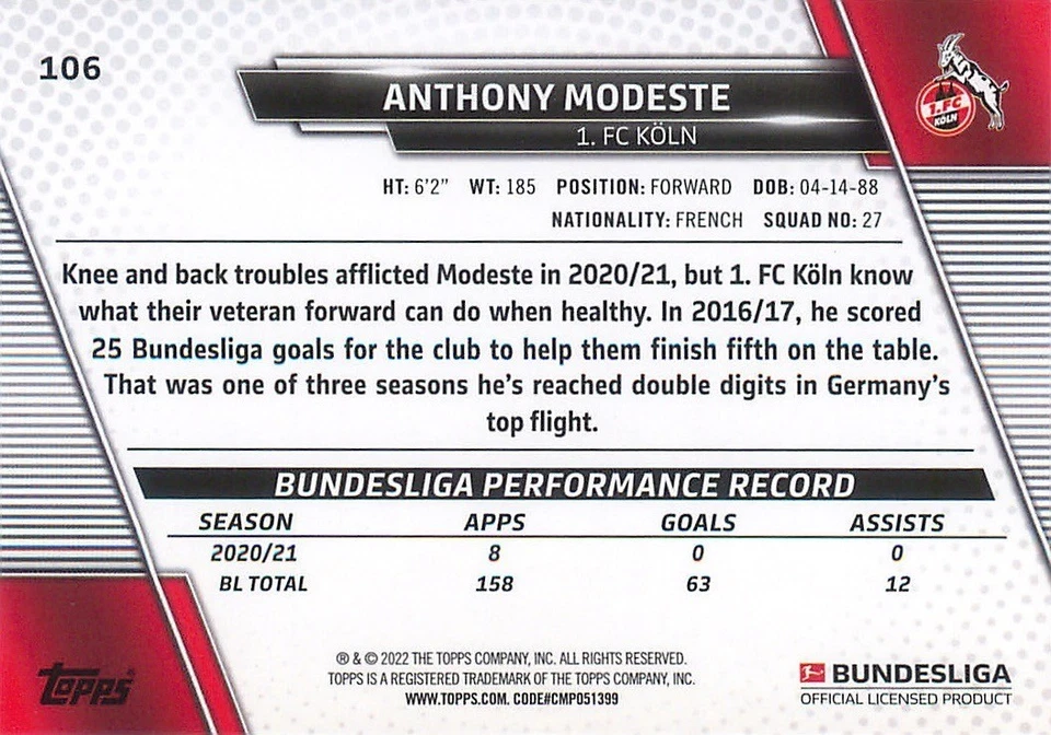 2021-22 Topps Bundesliga - Anthony Modeste #106 - Image 2 of 2