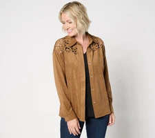 Women with Control Attitudes by Renee Faux Suede Snap Front Shirt w/ Laser Cutou