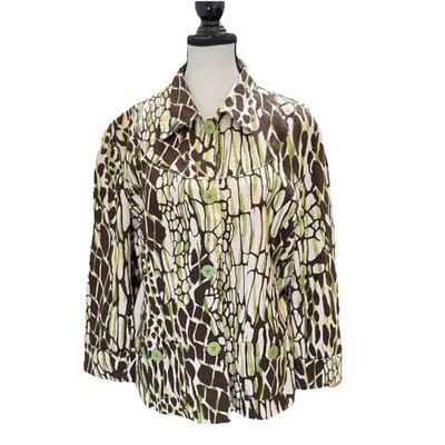 Bob Mackie Studio Linen Jacket Blazer Giraffe Print Brown White Green 12 Office