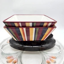 Pampered Chef Simple Additions Striped Square 7 inch Cereal/Soup Bowls Set of 2.