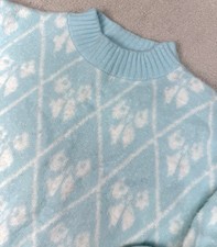 Vintage Pastel Blue Bow Argyle Sweater Made USA Soft Knit Y2K Women  s Size L