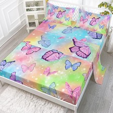 Butterfly Sheet Set Fitted and Flat Queen 91x102 inches, A-rainbow
