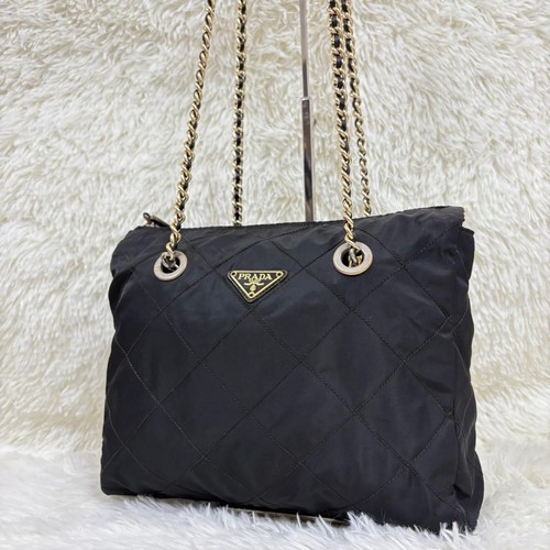 Prada Quilted Nylon Chain Shoulder Bag Black Vintage Triangle Logo Authentic