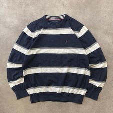 Tommy Hilfiger Jumper Mens Medium Striped Crew Neck Cotton Knit Sweater, Navy