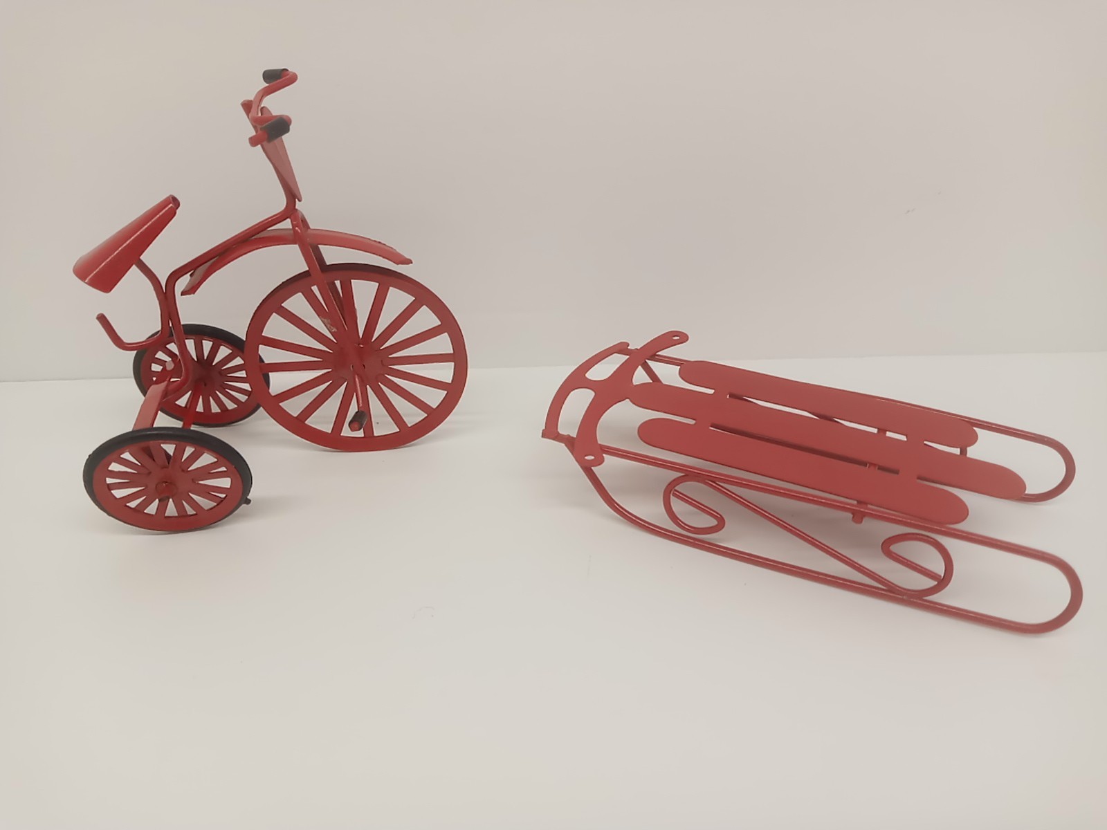 Metal Red Tricycle and Sled Christmas Ornaments Set of 2 Holiday Decor