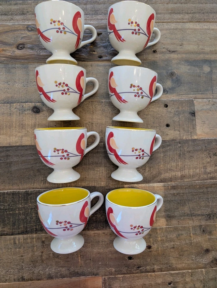 Caneca de café Anthropologie com pés café com leite xícara de chá amarelo rosa pássaro vermelho - Imagem 2 de 4