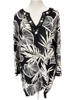 JM Collection Black/White Tropical Beaded Top Size 14 Resort/Cruise/Beach Cotton