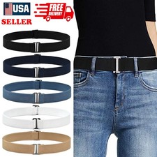 Women No Show Stretch Belt Elastic Web Strap Belt with Flat Buckle, Jeans Pants