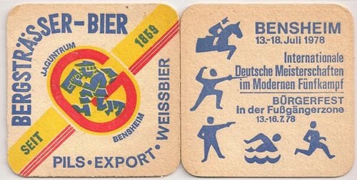 Bergsträsser beer, Bensheim - old beer mat / beer felt "pentathlon 1978"