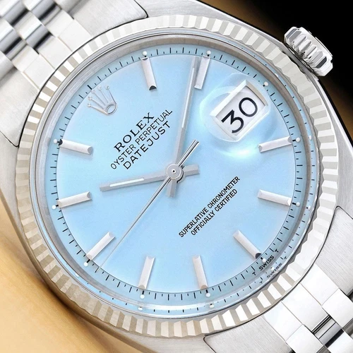 ROLEX MENS DATEJUST 1601 18K WHITE GOLD STAINLESS STEEL ICE BLUE JUBILEE WATCH
