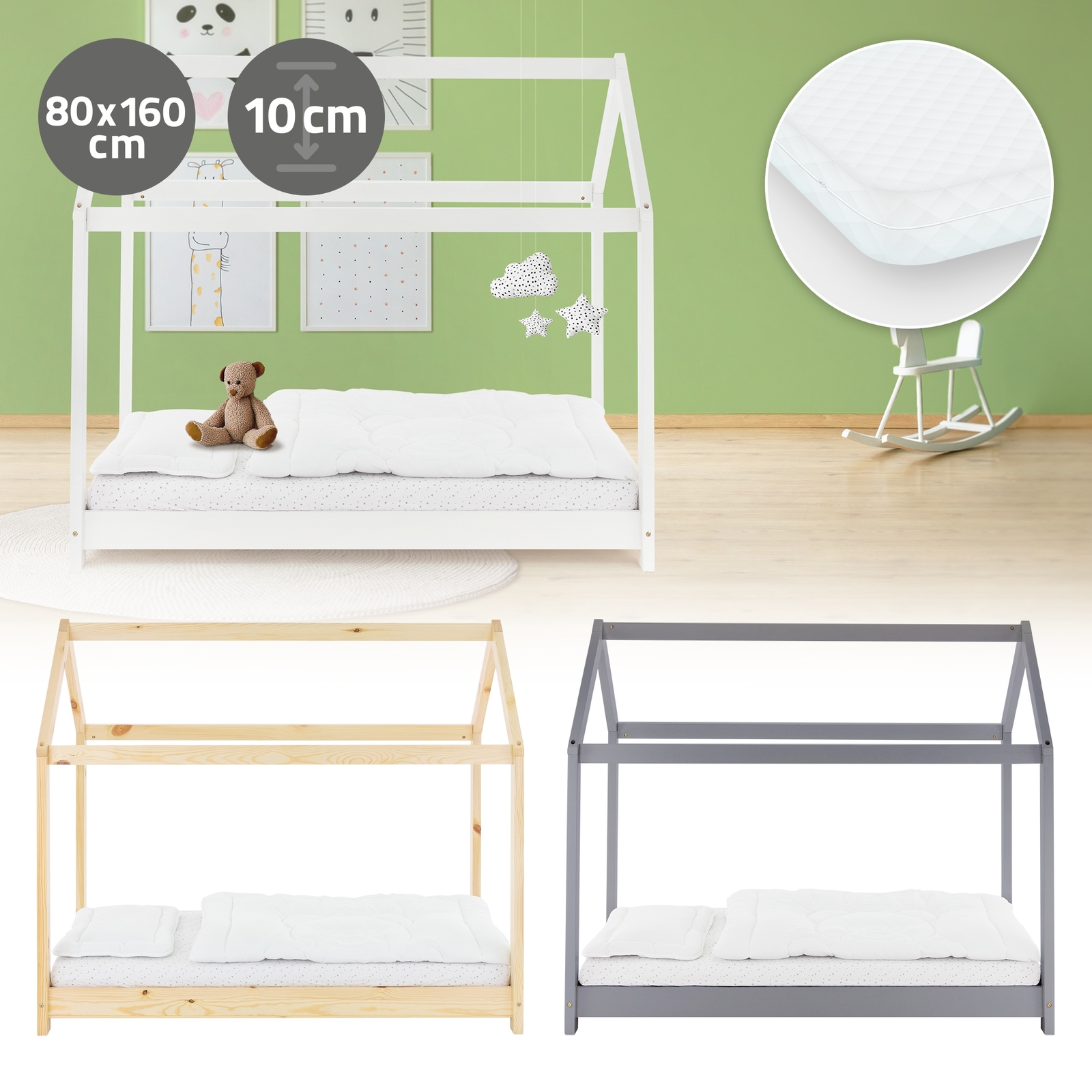 Cama infantil con techo y somier de madera pino con/sin colchón espuma 160x80cm