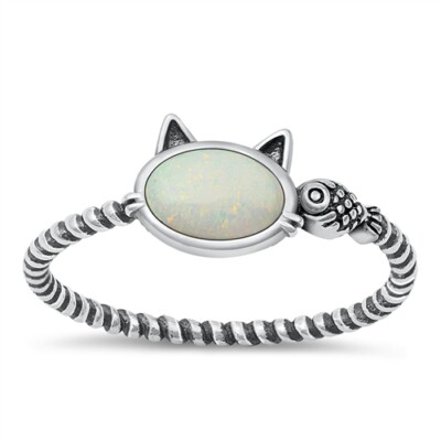 Sterling Silver White Lab Opal Kitty Cat Fish Ring Size 4 5 6 7 8 9 10 NEW