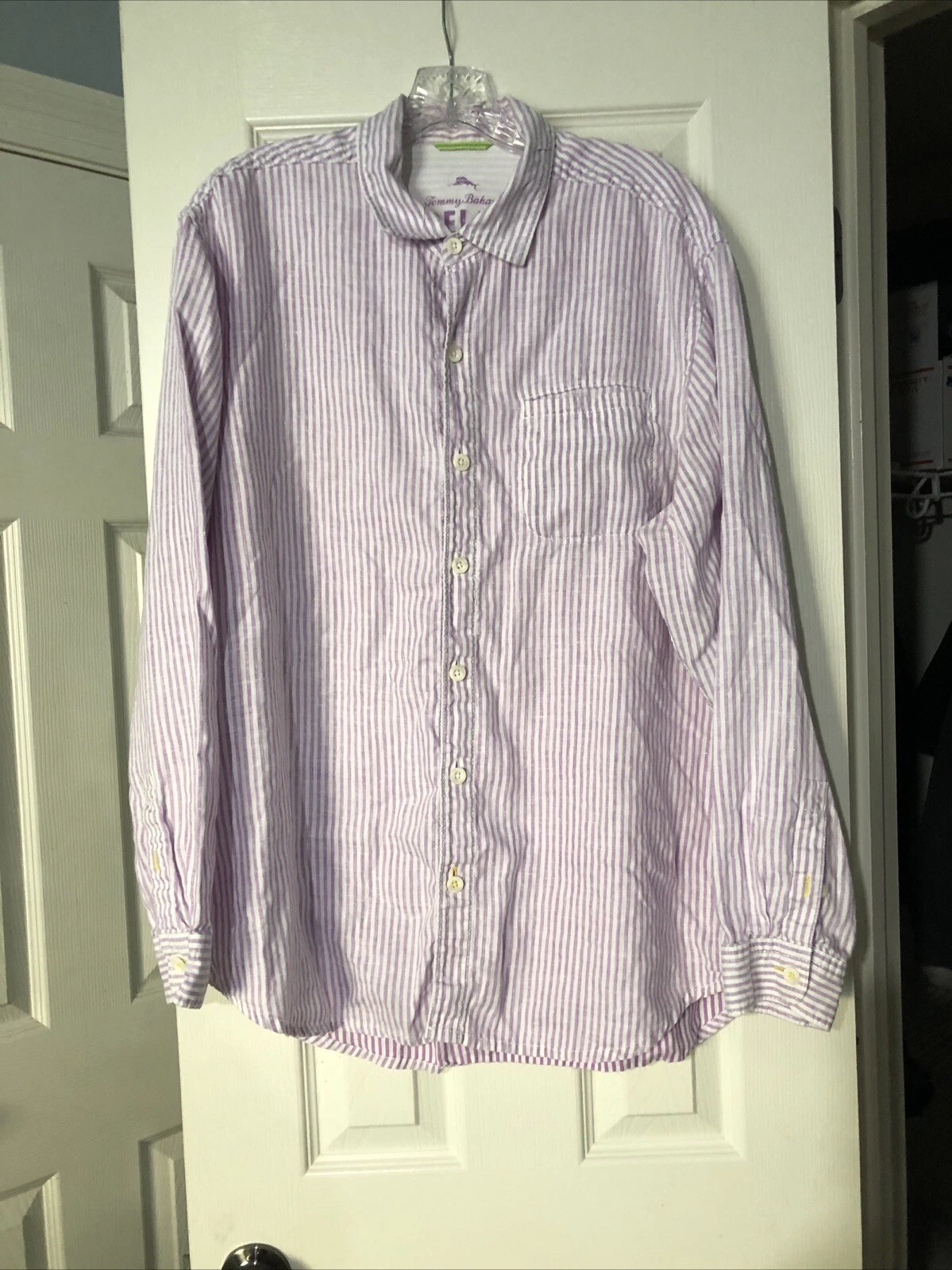 Tommy Bahama Shirt Mens Large Natural Purple Striped 100% Linen Button Up Pocket