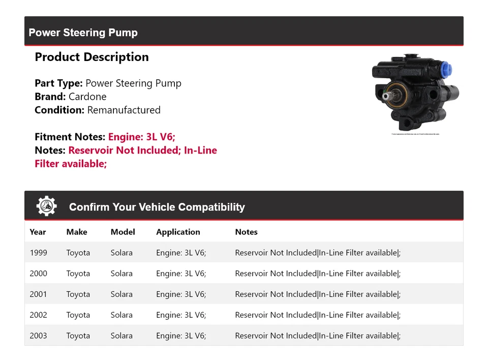 Bomba de dirección asistida Cardone 2000 2001 2002 para Toyota Solara 1999-2003 3L V6 Foto 2 de 4