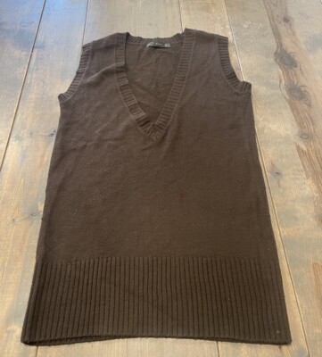 ZARA Women's Solid Brown Knit Sweater V-Neck Pullover Long