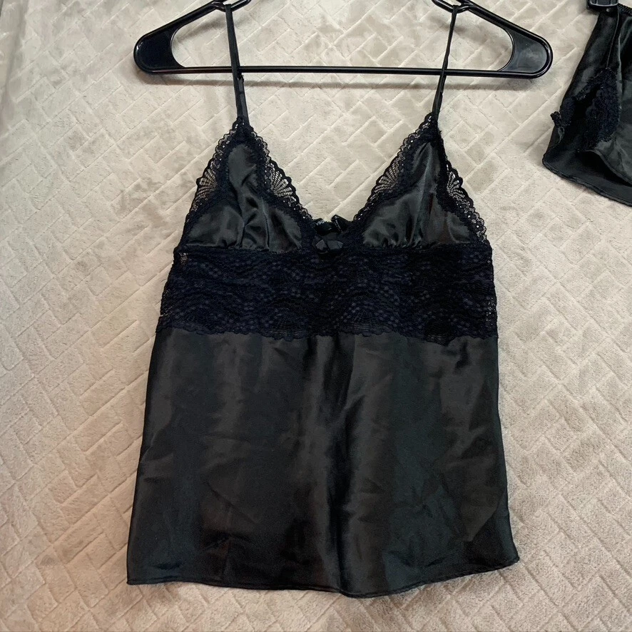 Pantalones cortos y camiseta sin mangas negros de encaje sedoso Cynthia Rowley para mujer S Foto 2 de 4