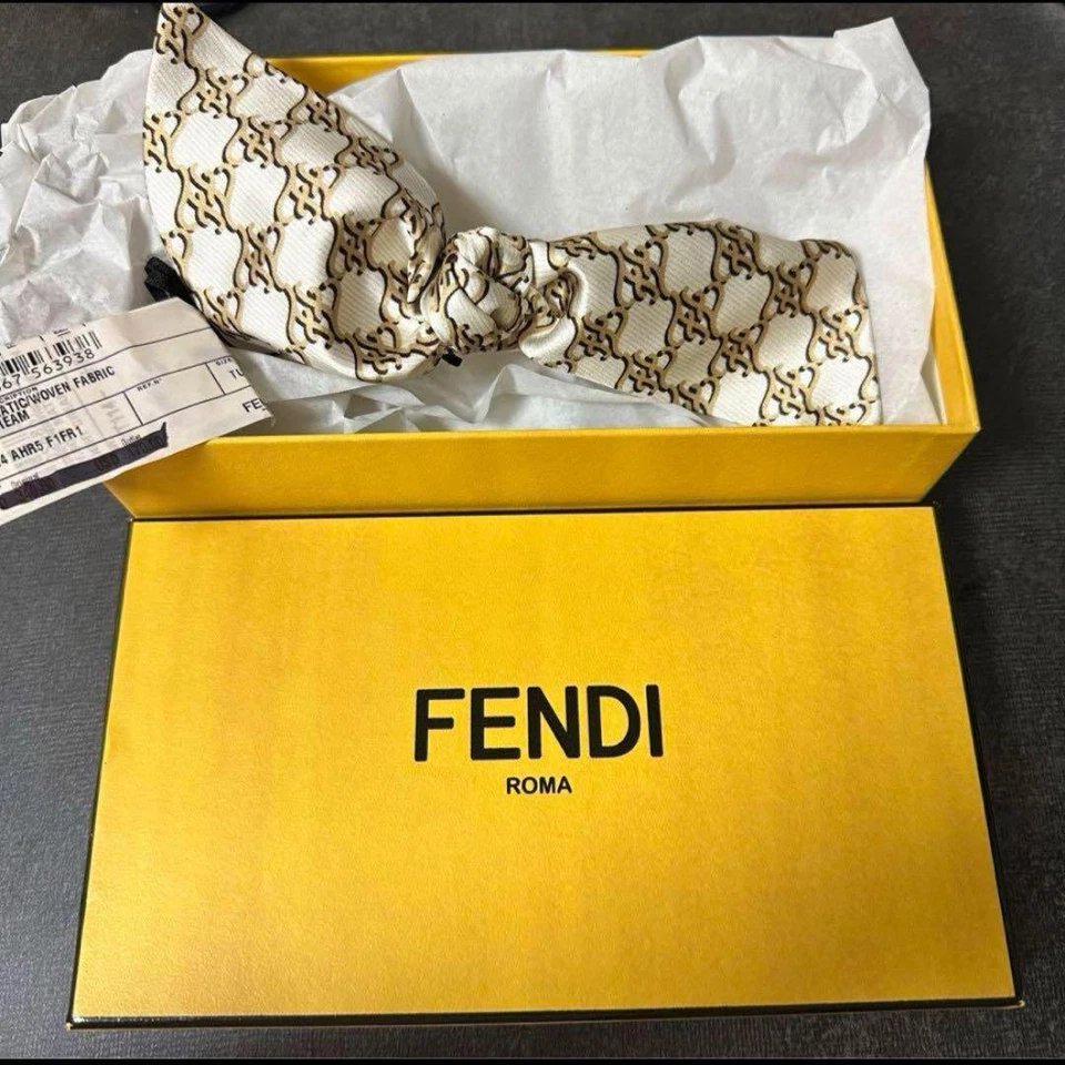 FENDI Ribbon Motif Barrette 100% Silk Beige Tweed Gold Hardware Engraved w/box - Image 2 of 3