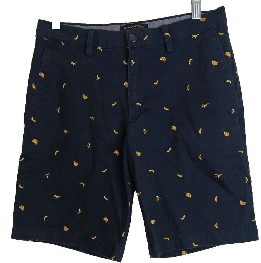 Banana Republic Aiden Shorts Mens Sz 30 Navy Banana Print Slash Pocket
