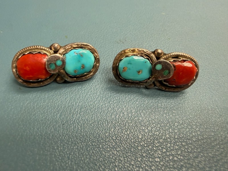 Vintage Effie C ZUNI Sterling Silver Turquoise CORLA Post Earrings 1" 12.2G