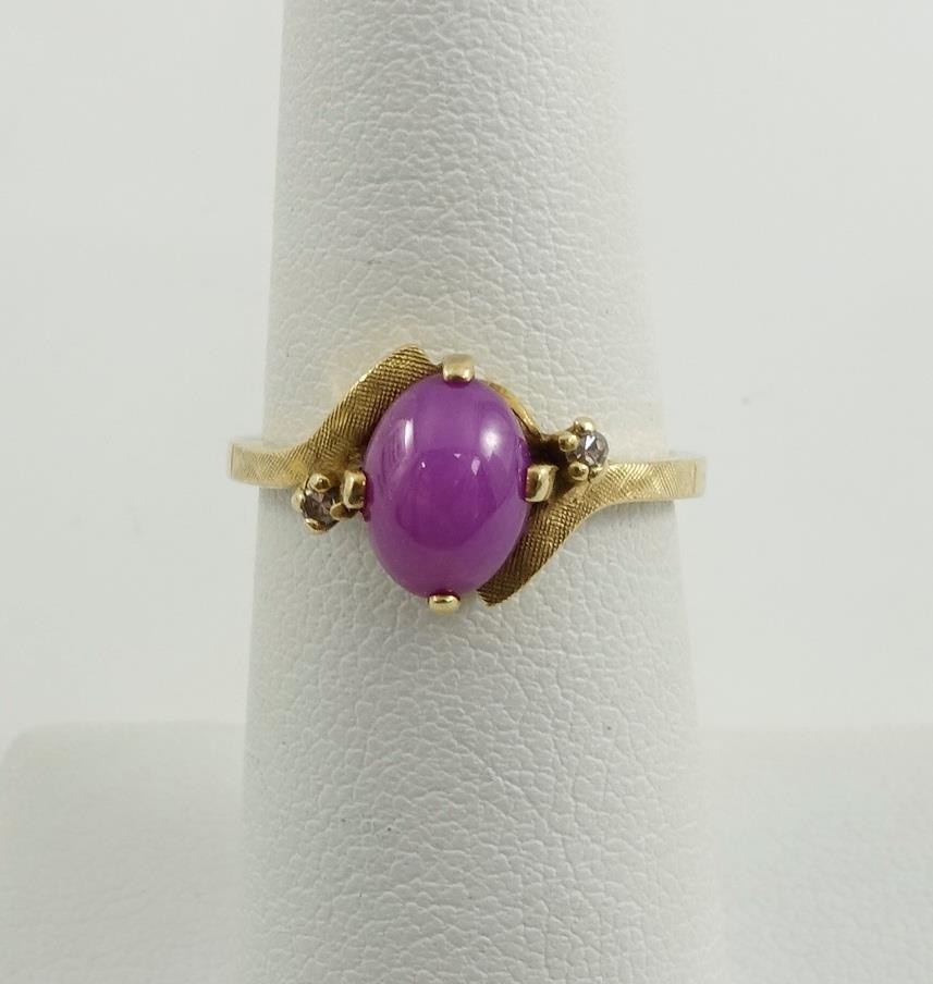 14K yellow gold ladies sz 6 pink oval star sapphire +diamond cocktail ring 2.8g