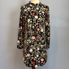 LOFT Black Floral Print Long Sleeve Tunic Mini Dress Feminine Pink Green, Size M