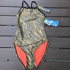 TYR The Finals Women Slither Foil Swimsuit Wingback Gold/glitter Size 28 New