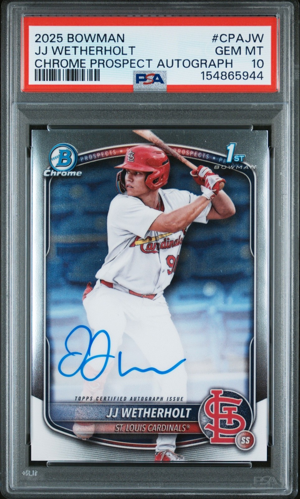JJ WETHERHOLT 2025 Bowman Chrome 1st Prospect Auto PSA 10 CARDINALS