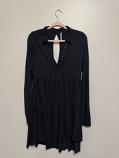 Women’s Free People Best Girl Black Tunic Mini Dress Button Down Vneck Size S