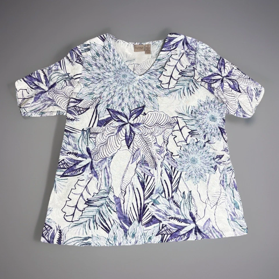 Camisa Top Tropical Chico’s 3 Easywear Talla XL Púrpura Verde azulado Elástica Manga Corta Foto 2 de 4