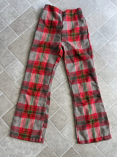 VTG Youth Bell Bottoms Plaid 1970s Flare Pants Red Blue Size 14 Made In USA