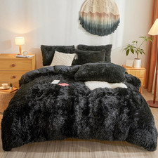 Fluffy Faux Fur Black Comforter Cover Queen Set   Plush Fluffy Black Bedding 3-P