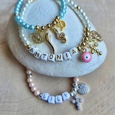 Personalized Baby Bracelet, Pearl, Name Beads, Gold  Silver Charm, Child, Clasp