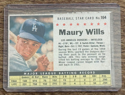 1961 Post Baseball #164 Maury Wills VG ~ L.A. Dodgers Infielder