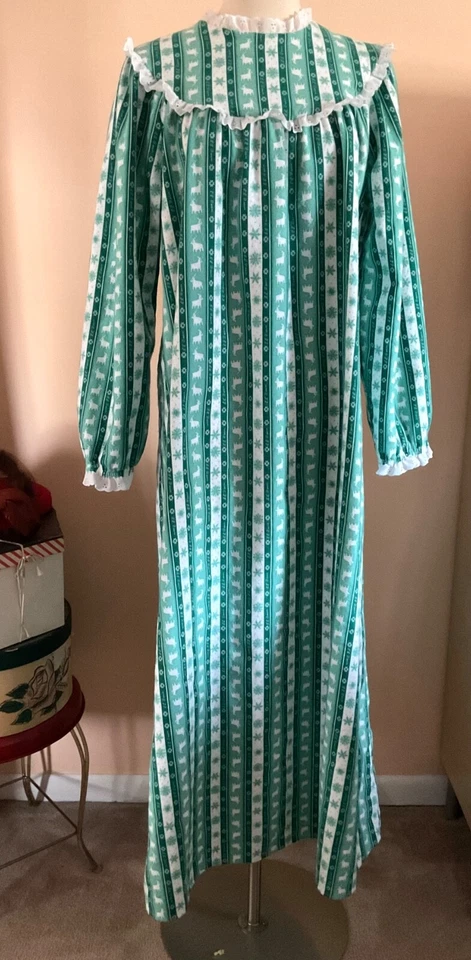 CAMISÓN DE FRANELA DE FRIJOL LL DE COLECCIÓN OJAL VERDE Y BLANCO CON ALCE, COPOS DE NIEVE SIN TALLA ~ EXCELENTE Foto 2 de 4