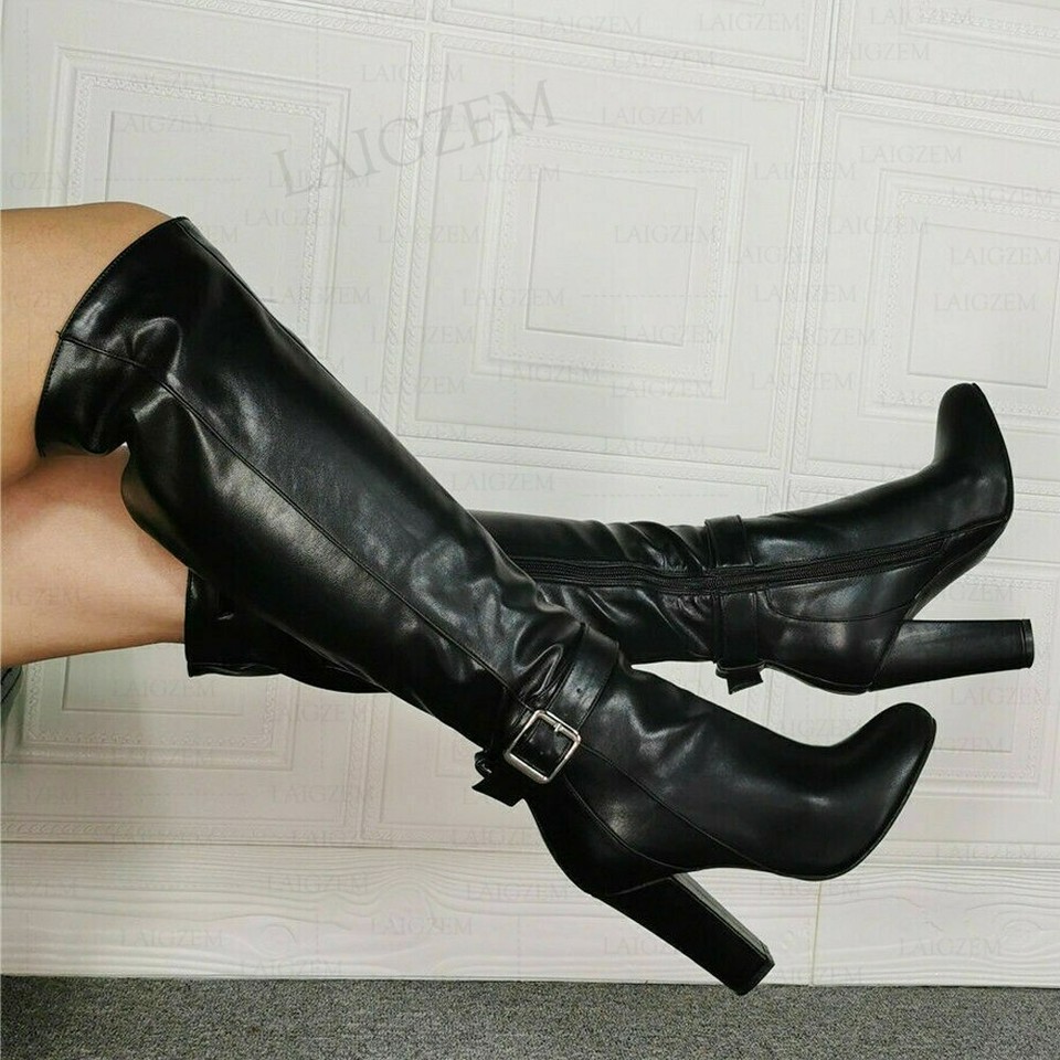 Women Knee High Boots Faux Leather Round Toe Zip Up Thick High Heels ...